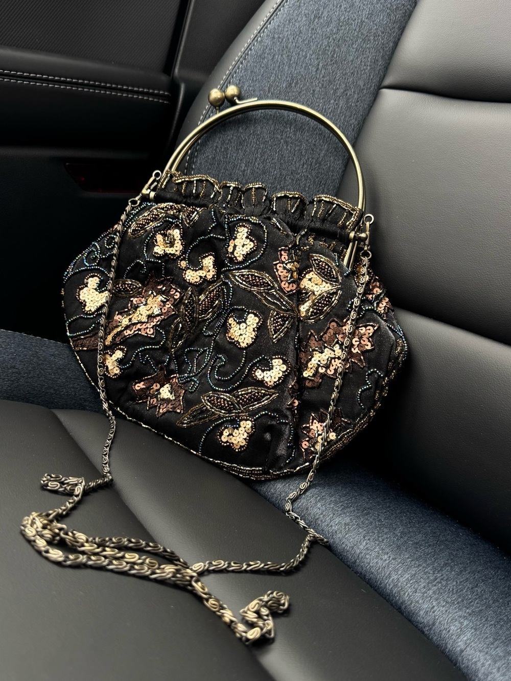 Embellished Black Gold Frame Top Handle Bag